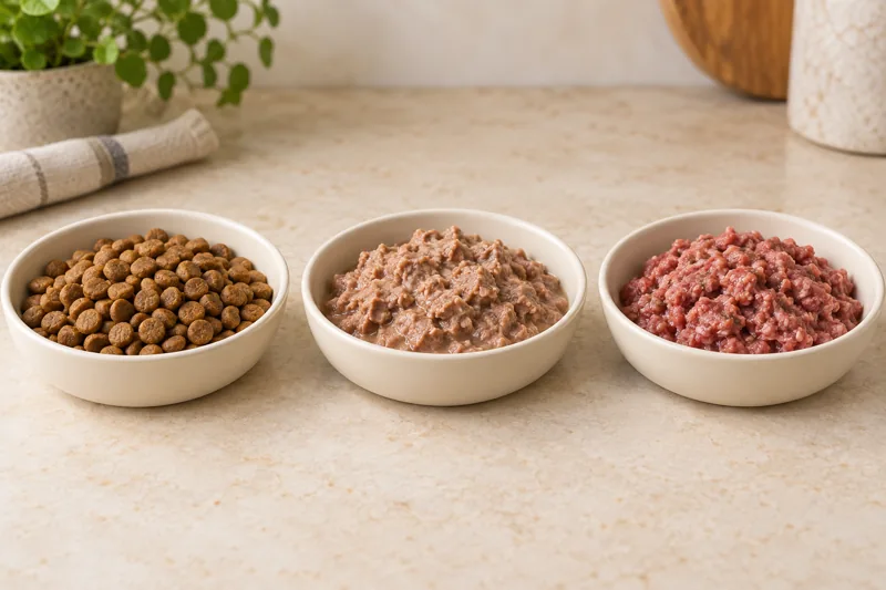 Three bowls illustrating dry, wet and raw cat food