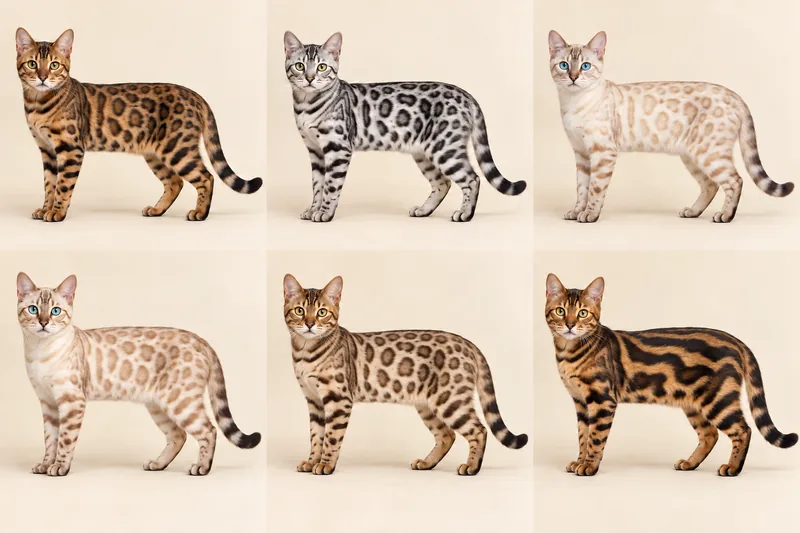 Palette illustrée du Bengal : brun tacheté, silver, snow lynx, mink, sepia et brun marbré